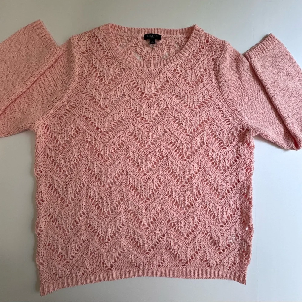 Talbots Scallop Pink Pointelle Crewneck Sweater LP Cotton Blend - Picture 11 of 16
